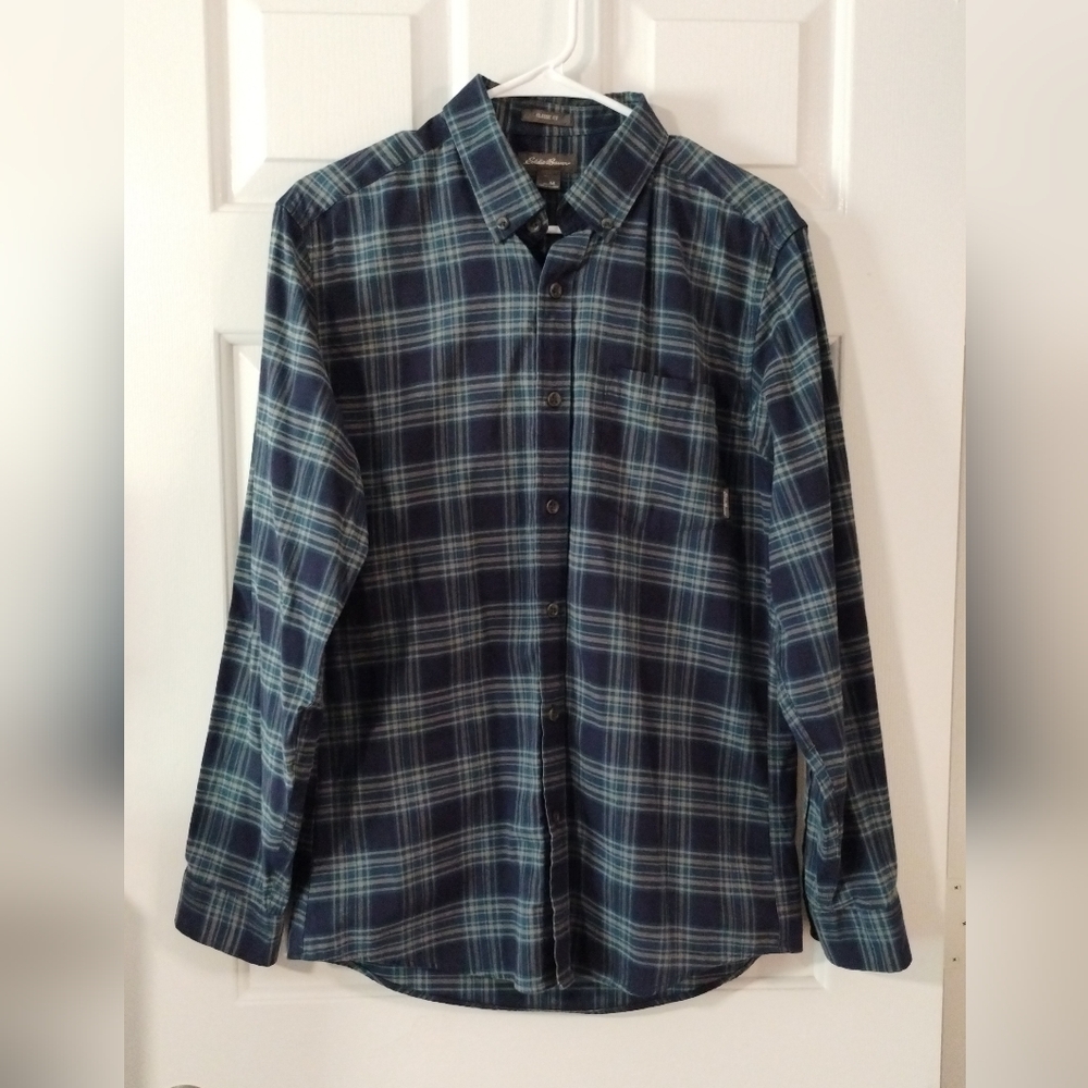 Eddie Bauer Navy, Teal and Tan Plaid Shirt